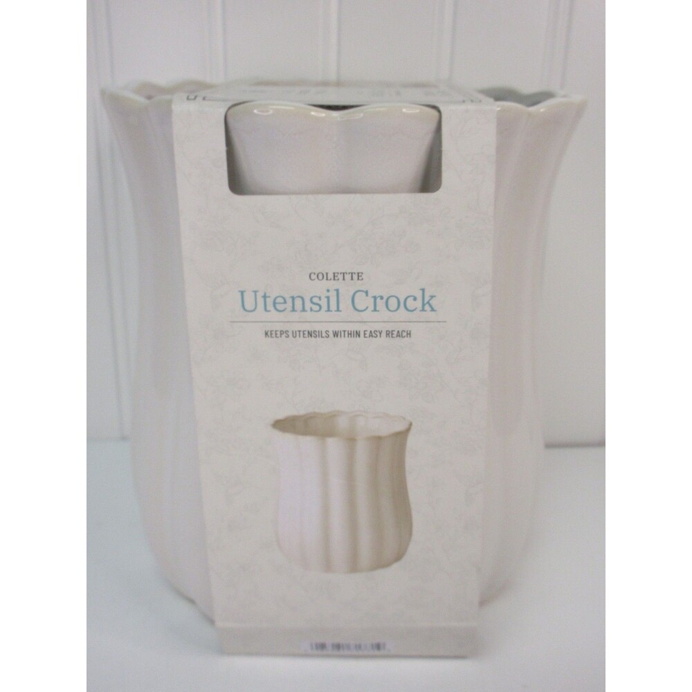 Pioneer Woman Colette Stoneware Utensil Holder White Scalloped Farmhouse Crock